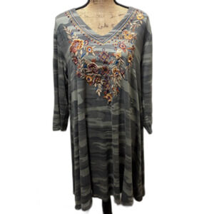 Karyn Seo Embroidered Green‎ Camo Tunic Dress Boho Grunge Festival Size XL